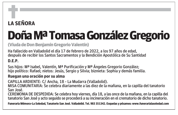 Doña Mª Tomasa González Gregorio