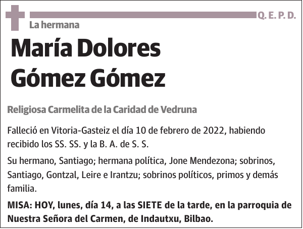 La hermana María Dolores Gómez Gómez