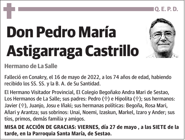 Pedro María Astigarraga Castrillo Hermano de La Salle