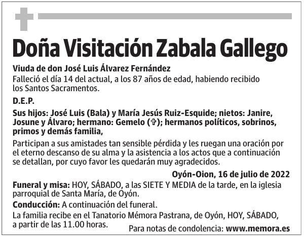 Doña  Visitación  Zabala  Gallego